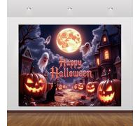 Halloween Backdrop 10x8ft Creepy Graveyard Castle Blue Moon Night Photo Backdrops Iron Gate Skulls Pumpkin Lanterns Photography Background for Spooky Party Photo Booth Props