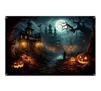 Halloween Backdrop 13x6 Ft Spooky Graveyard and Castle Garage Door Cover, Scary Halloween Banner with Grommets for Photo Shooting Party Decorations Outdoor Indoor