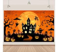 Halloween Backdrop Banner Orange Moon Night Graveyard Happy Halloween Photo Backdrop Spooky Castle Pumpkin for Party Decoration Banner Orange Black Family Wall Decor Background 5.9x3.6Ft (71x43inch)
