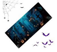 Halloween Backdrop Banner- Spooky Banners Decoration | Creepy Graveyard Entrance Scene | Large Fabric Photo Booth Background Scary Party, Haunted House Pumpkin Moon Night, Indoor Outdoor