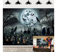 Halloween Backdrop for Photography Horror Graveyard Background Skull Dark Cemetery Full Moon Night Banner Children Halloween Party Decorations Photo Props (8x6FT)
