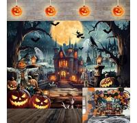 Halloween Backdrop Spooky Full Moon Night Castle with Pumpkins Zombies Ghosts Photography Background for Halloween Party Decorations Supplies (8 x 6 ft (2.4 x 1.8 m))