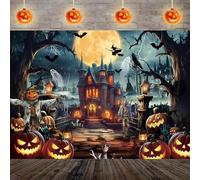 Halloween Backdrop Spooky Full Moon Night Castle with Pumpkins Zombies Ghosts Photography Background for Halloween Party Decorations Supplies (7X5FT (2.1x1.5m))