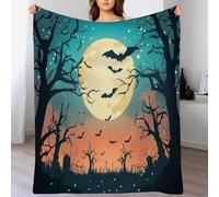 Halloween Background Bats and the Moon Print Throw Blanket Soft & Cozy Orange blue Flannel Blanket for Sofa, Bed, or Couch Lightweight200 x 200cm
