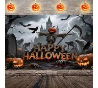 Halloween background: Colorful and eerie pumpkin scared mouse bat dead tree skull pattern Halloween wall banner