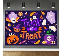 Halloween background featuring pumpkins tombstones and a "Trick or Treat" banner - purple background