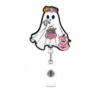 Halloween Badge Reel Cute Badge Reels Acrylic Retractable Badge Holder White Ghost Pumpkin Flower Design Decorative Badge Clip Fall Halloween Badge Holders for Nurse Doctor Staff Teacher ID Card