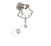 Halloween Badge Reel,Cute Ghost with Floral Daisy Acrylic Badge for ID Card Badge,Fun Telescoping Retractable Badge Holder Alligator Clip Accessories for Nurse,Medical Worker,Nursing Student,Teacher