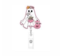 Halloween Badge Reel Cute Pink Ghost Badge Holder Retractable Clip for Nursing Doctor Halloween Flowers Pumpkin Name Id Tag Ghost Acrylic Alligator Clip for Nursing Student Teacher Office