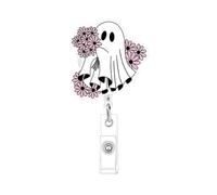 Halloween Badge Reel Cute Pink Ghost Halloween Badge Holder Retractable Clip for Nurse Dector Halloween Nurse Badge Reels Flowers Holiday Acrylic Alligator Clip for Nursing Worker Student