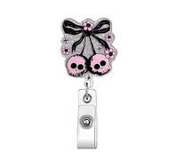 Halloween Badge Reel for Nurse, Pink Badge Reels Retractable Cute Bow & Skull Badge Clip Halloween Badge Holder with Alligator Clip, Cute Funny ID Card Holder for Nurse Doctor Teacher Office Staff