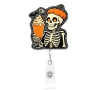 Halloween Badge Reel Retractable,Cute Skeleton Holding Ice-Cream Designs | Pumpkin Hat with Black Glitter Badge Holder Acrylic Alligator Clip Badge Reels for Nurse Doctor Teacher Workers