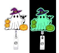 Halloween Badge Reel Retractable, Glow in The Dark Ghost with Witch Hat and Pumpkin ID Badge Holder with Swivel Clip, Fun Holiday Gift for Nurses Teachers Office Staff