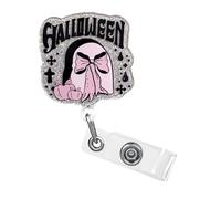 Halloween Badge Reels Retractable,Pink Theme Glitter Bow Badge Reel,Funny Acrylic Holiday Badge Holder with Alligator Clip Accessorie for Nurse Nursing Student RN CNA Medical Worker 1Pcs