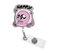 Halloween Badge Reels Retractable,Pink Theme Skull Funny Badge Reel,Glitter Acrylic Holiday Badge Holder with Alligator Clip Accessorie for Nurse Nursing Student RN CNA Medical Worker 1Pcs