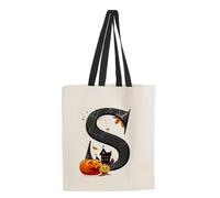Halloween Bags, Initial Tote Bag, Gifts for Girl, Trick or Treat Bag, Halloween Pumpkin Party, Girl Gift, Reusable Bag, Shopping Bag, Black Handle Tote Bag. (S)