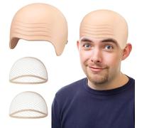 Halloween Bald Cap with 2 Pack Wig Cap, Beige Latex Bald Head Skin Cap Set