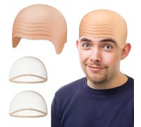 Halloween Bald Cap with 2 Pack Wig Caps, Beige Latex Bald Head Skin Cap Set