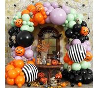 Halloween Balloon Arch 123pcs, Black Orange Purple Green Balloons with 18 Inch Foil Black and White Striped Balloons, Black Purple Green Orange Smiley Face Balloon for Halloween Party Decorations