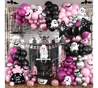 Halloween Balloon Arch Garland Kit, 126Pcs Pastel Light Pink Bright Dark Hot Pink Black Metallic Silver Balloons with 3D Bat Foil Balloon for Scary Halloween Spooky Indoor Outdoor Party Decorations