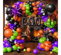 Halloween Balloon Arch Garland Kit - Black, Orange, Purple, Green Balloons with Gold Eyes, BOO Big Bat Foil Balloons for Party Decorations