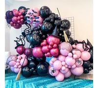 Halloween Balloon Arch Garland Kit, Black Pink Witch Halloween Balloons with Spider & Bat Decor, Metallic Fuchsia Pastel Goth Spooky Balloon for halloween Party Home Garden Outdoor Party Decorations