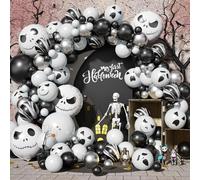 Halloween Balloon Arch Garland Kit with Skull Foil Balloons, 108 pcs Black Agate Marble White Metallic Silver Latex Balloons with Ghost Face Print Balloon for Kids Halloween Party Decorations Supplies