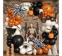 Halloween Balloon Arch Kit, Black Orange White Balloons with 26 Inch Foil BOO 22 Inch Checkered Explosion Star Balloons and 3d Bat Stickers, Black Burnt Orange Sand White Balloon for Halloween Decor