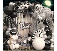 Halloween Balloon Arch with DIY Spider, 125PCS Black Silver White Halloween Decorations with Disco Ball Foil Balloon as Big Spider Cobwebs Scary Ghost Balloons for Party Haunted House Decor