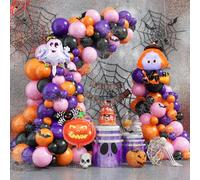 Halloween Balloon Garland Arch Kit, 113Pcs Orange Dark Purple Black Pastel Pink Latex Balloons with 3D Fake Bats Banner Pumpkin Spider Ghost Witch Foil Balloons for Spooky Halloween Party Decorations