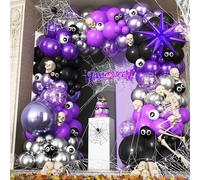 Halloween Balloon Garland Arch Kit, 128Pcs Black Metallic Dark Purple Silver White Eyes Confetti Latex Balloons with Explosion Star 4D Foil Balloons for Spooky Halloween Party Decorations