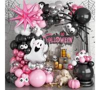 Halloween Balloon Garland Arch Kit, 129Pcs Black Spider White Eyes Bats Pink Metallic Silver Red Latex Balloons with Ghost Explosion Star Foil Balloons for Spooky Halloween Party Outdoor Decorations