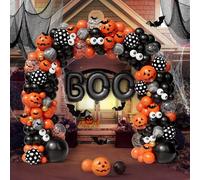 Halloween Balloon Garland Arch Kit - Black, Orange, Gold Eyes Balloons with BOO, 3D PVC Bats & Marble Agate for Haunted House Parties