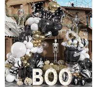 Halloween Balloon Garland Arch Kit, Black Pastel White Metallic Gold Transparent Bats Print Balloons with Scary Bats Spider Foil Balloon for Halloween Party Spooky Indoor Outdoor Backdrop Decorations