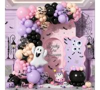 Halloween Balloon Garland Arch Kit Pink Purple Spooky One Party Decorations | Light Pink Purple & Black with Bat Print Halloween Balloons for 1st Girls A Little Boo Cute Ghost Baby Shower Birthday Decor
