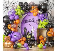 Halloween Balloon Garland Arch Kit with Big Spider DIY Balloons, 131 Pcs Black Orange Lime Green Purple Confetti Latex Balloons Arch with 3D Bats & Spider Web for Halloween Party Decorations Supplies