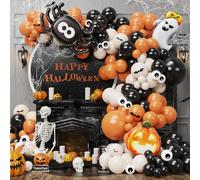 Halloween Balloon Garland Arch Kit with Spider Pumpkin Ghost Foil Balloons, Black and Orange Sand White Balloon Arch Kit with Eye Print Balloons for Halloween Birthday Party Decorations