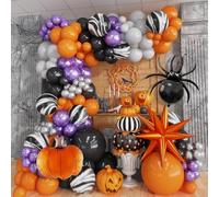 Halloween Balloons Arch Kit, 139 PCS Purple Orange Black Grey Balloon Garland with Marble Balloon Pumpkin Spider Explosion Star Foil Balloons, Metallic Purple Silver Balloons for Halloween Decorations