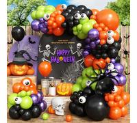 Halloween Balloons Arch Kit Black Purple Green Orange Latex Balloon Garland Halloween Party Decoration Large Spider Bat Foil Balloons with Small White Eyes Balloon Halloween Supplies Decor