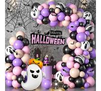 Halloween Balloons Arch Kit Black Purple Pink Orange Halloween Balloon Garland Ghost Print Latex Balloon Pumpkin Mini Cute Bats Foil Balloons with 3D Black Bats Set for Halloween Party Decorations