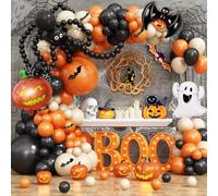 Halloween Balloons Arch Kit, Halloween Party Decorations Garland, Dark Orange Sand White and Black Latex Balloon Set with Foil Pumpkin Helium Balloons 3D Bat Sticker for Indoor Outdoor Party Supplies
