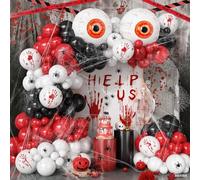 Halloween Balloons Arch Scary Bloody Red White Balloons Garland with Spider Web 3D Spider Stickers Eyeball Blood Handprint Latex Helium Balloon Halloween Birthday Party Decorations Haunted House
