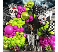 Halloween Balloons Day of the Dead Balloon Arch Kit, Sugar Skull Colorful Mexican Foil Balloon, Burgundy Red Neon Green Latex Metallic Balloons for Dia De Los Muertos Mexican Fiesta Altar Party Decor