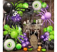 Halloween Balloons Garland Arch Kit, 122 PCS Lime Green Black Metallic Purple Marble Balloons with Big DIY Spider 22 Inch Eyeball Foil Balloon Spider Web for Halloween Party Garden Outdoor Decoration