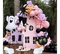 Halloween Balloons Garland Arch Kit, 95pcs Pink Black Purple Balloons Bat Ghost Mylar Balloon, Pink Black Explosion Star Foil Balloon for Horror Birthday Baby Shower Spooky Halloween Party Decorations