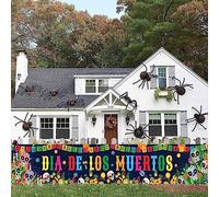 Halloween Banner Outdoor, Large Dia de Los Muertos Happy Halloween Decorations Yard Sign Banner, Sugar Skull Day of The Dead Outside Graveyard Background for Halloween Wall Fence Garden Porch Decor