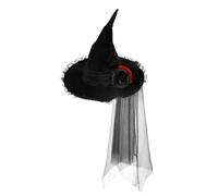 Halloween Baroque Witch Hat Lace Flower Hat Wide Brim Pointy Witch Hat with Black Gothic Queen Mesh Veil Hat Fancy Dress Decoration Hat Matching Accessories for Women Halloween Party Cosplay