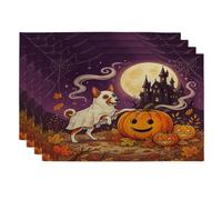 Halloween Basenji Dog Placemats Set of 4, 12x18 Inch, Holiday Haunted Houses 4Pcs Washable Table Mats for Dinning, Fall Seasonal Party Home Kitchen Decor