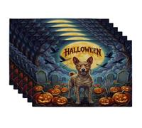 Halloween Basenji Dog Placemats Set of 6, 12x18 Inch, Holiday Graveyard 6Pcs Seasonal Table Mats for Home Dinning, Pumpkins Holiday Party Kitchen Decor