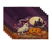 Halloween Basenji Dog Placemats Set of 6, 12x18 Inch, Holiday Haunted Houses 6Pcs Washable Table Mats for Dinning, Fall Seasonal Party Home Kitchen Decor
